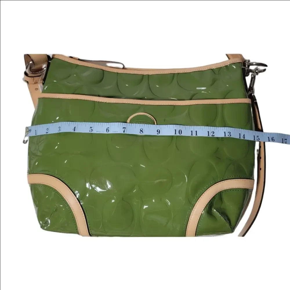 Authentic NWT COACH PEYTON Olive Green Patent Leather Hobo Bag With Tan Accents
